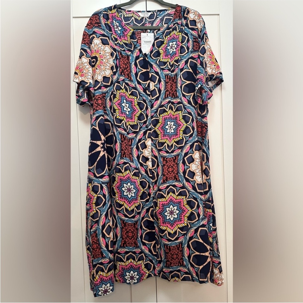 Shirt Dress With Snap Front Multi Geometric Print And Cuff Sleeves Sz XXL NEW!